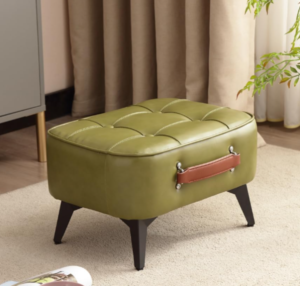 Sky Green Vintage Faux Leather Ottoman, Wooden Frame With Cushioned Design