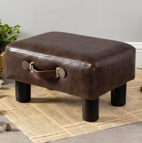 Brown Faux Leather Handle Storage Ottoman, Comfortable Cushioned Design